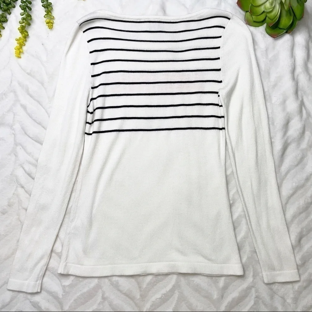 Saks Fifth Ave Black Label St. Barths Intarsia Knit Sweater White Black Striped